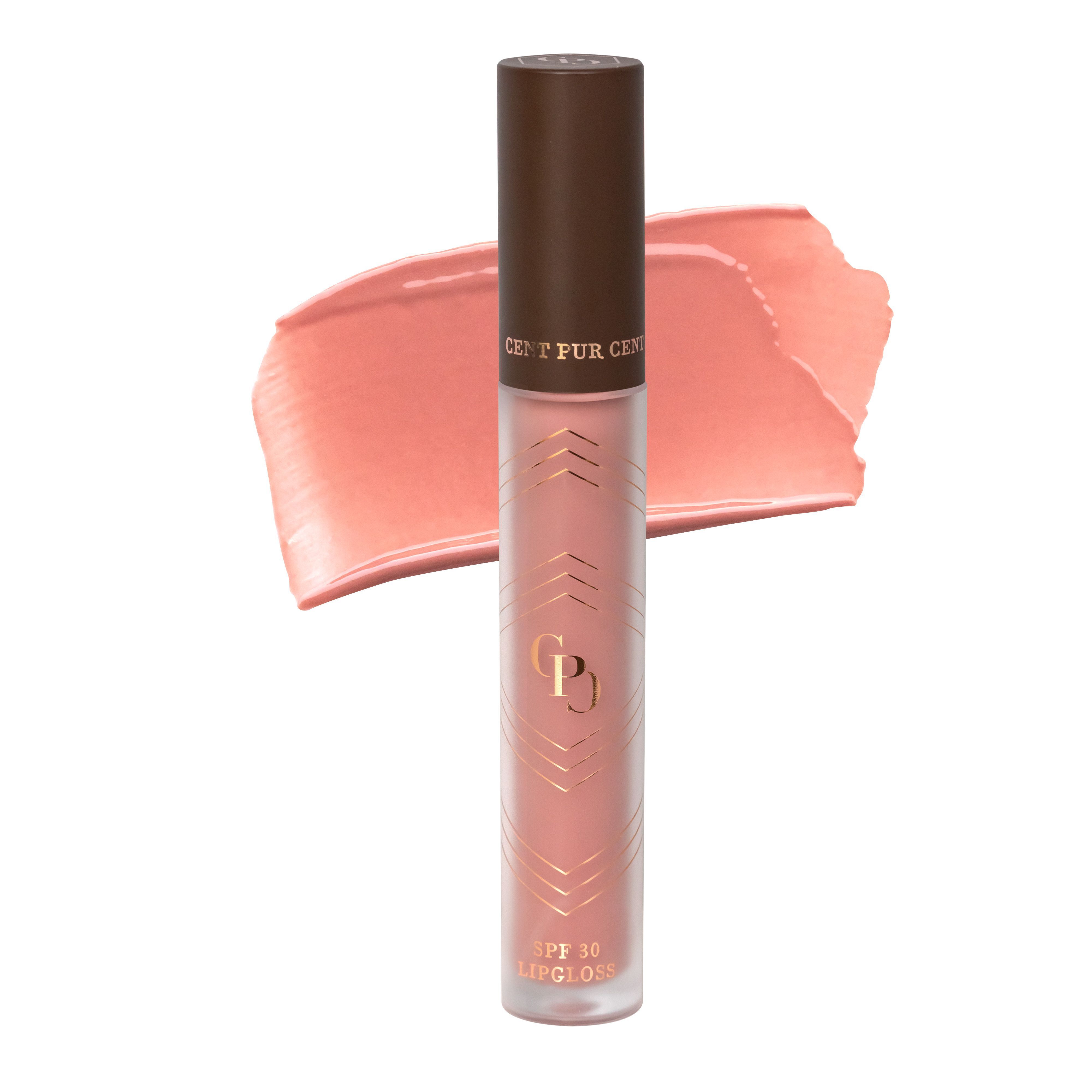 Un gloss à lèvres Cent Pur Cent SPF30 rosé avec un échantillon de couleur à côté.