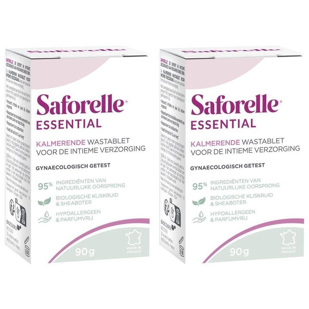 Deux boîtes de Saforelle ESSENTIAL, tablettes lavantes apaisantes pour l'hygiène intime, 90g.