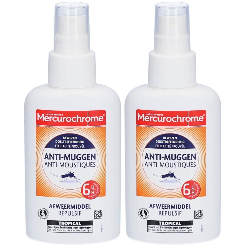 Twee Mercurochrome Anti-Muggen sprayflessen, wit, met rood etiket en muggensymbool.