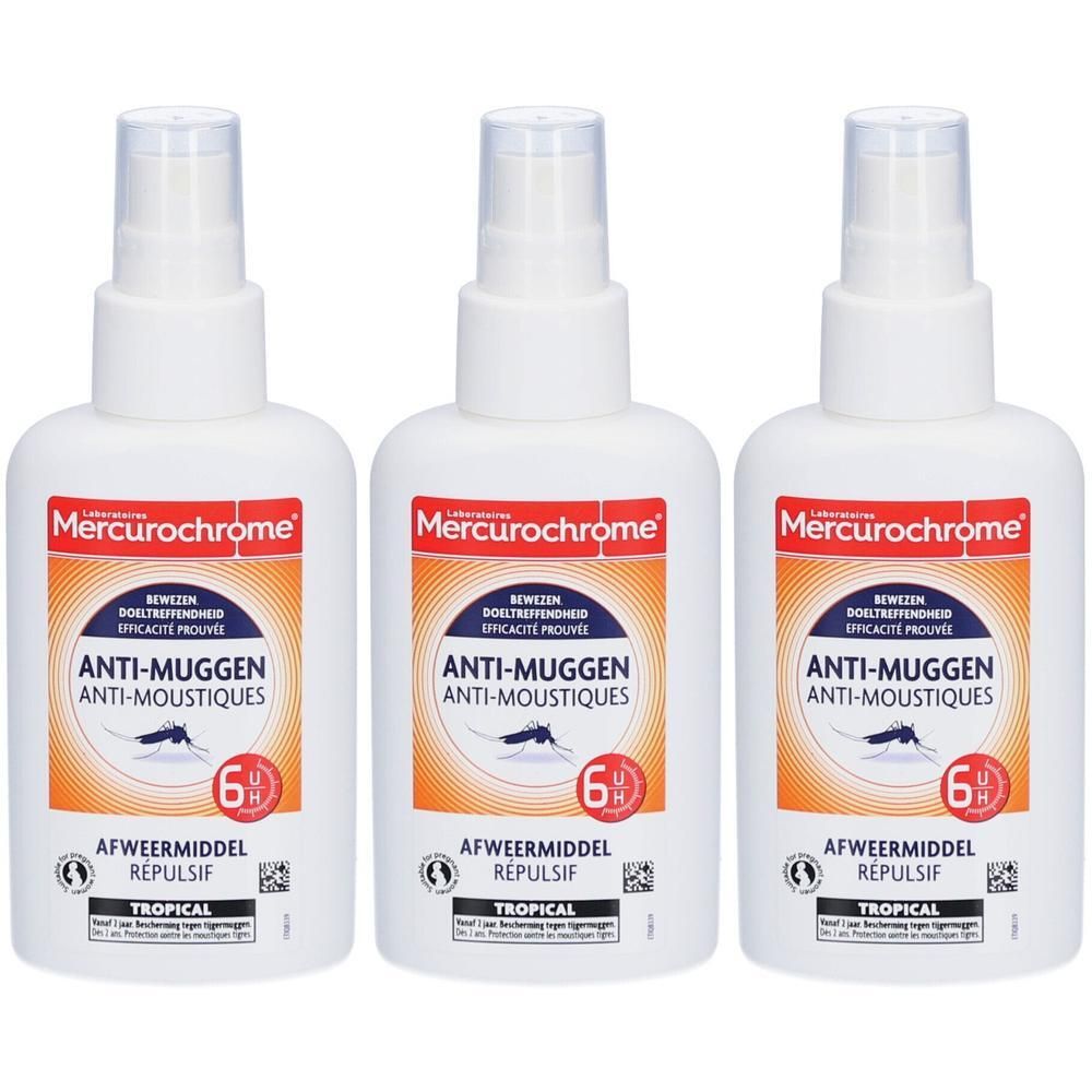 Drie Mercurochrome Anti-Muggen spuitflessen, wit met oranje-blauwe etiketten.
