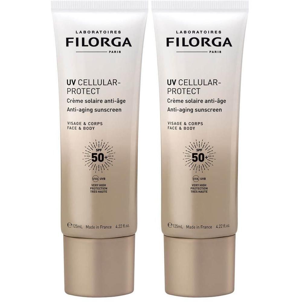 Deux tubes de crème solaire anti-âge Filorga UV CELLULAR-PROTECT SPF 50.