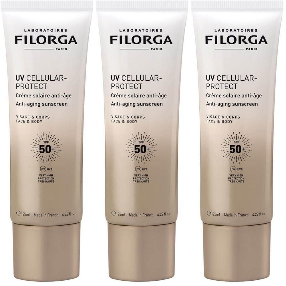 Drie tubes Filorga UV CELLULAR-PROTECT anti-aging zonnebrandcrème met SPF 50.