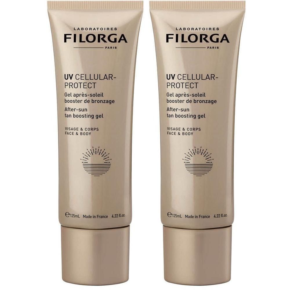 Twee gouden tubes Filorga UV CELLULAR-PROTECT Gel après-soleil.