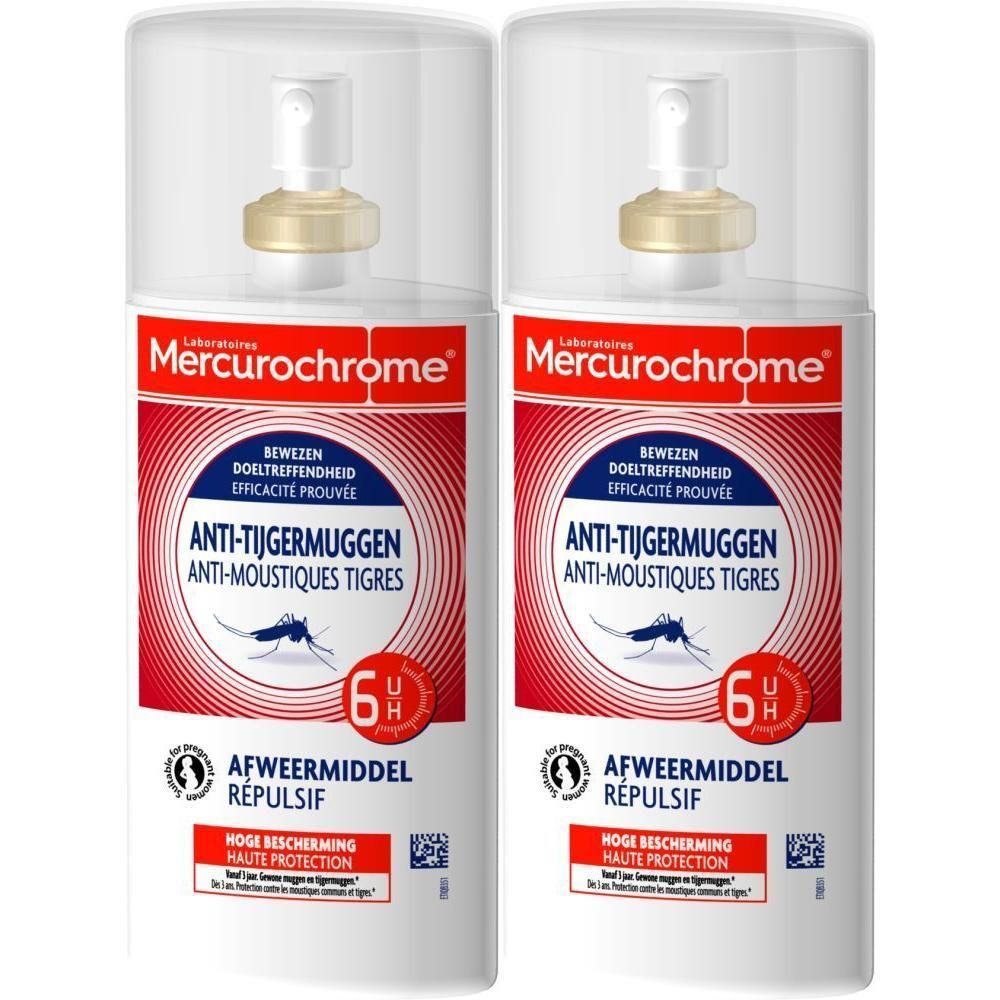 Twee MERCUROCHROME sprays tegen tijgermuggen. 6 uur bescherming.