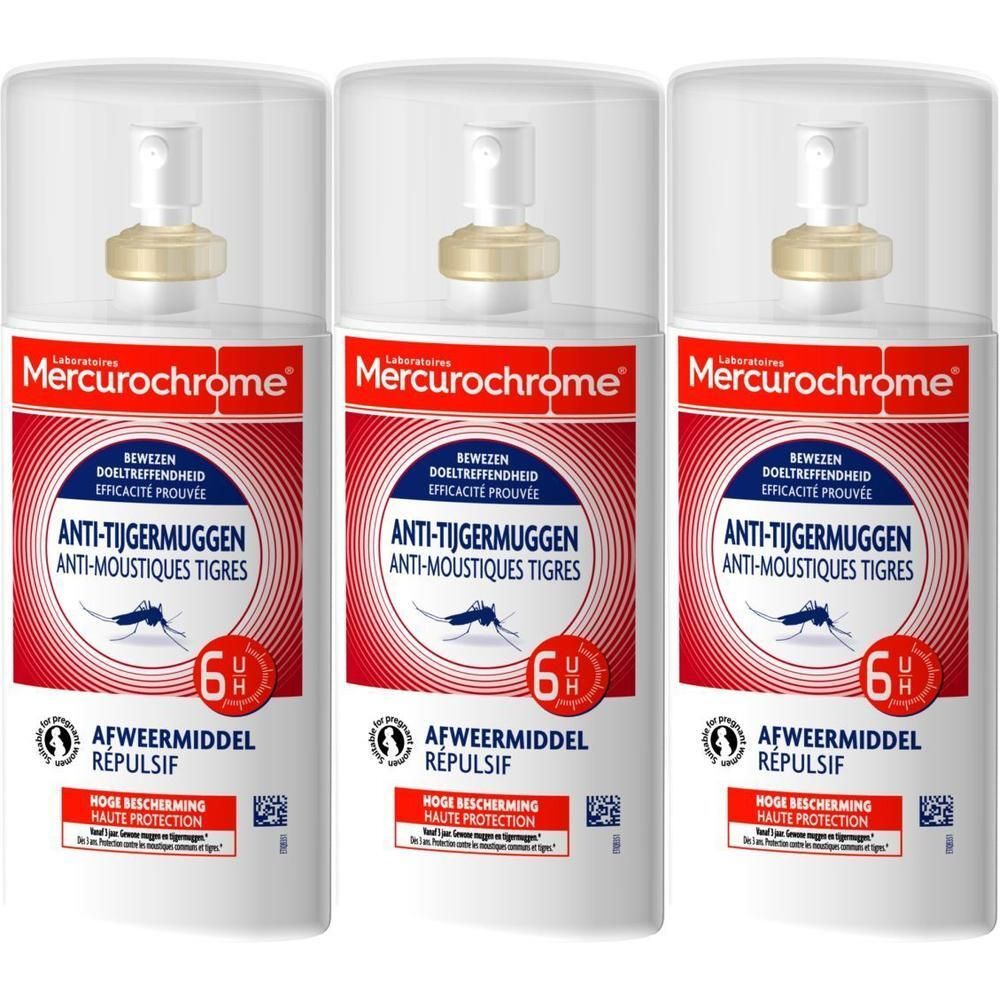 Drie Mercurochrome anti-tijgermuggen sprays met 6 uur bescherming.