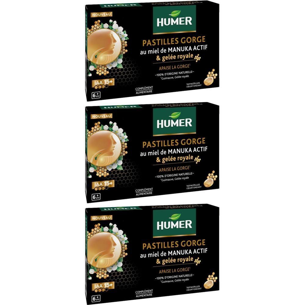 Trois boîtes de pastilles pour la gorge HUMER au miel de Manuka actif et gelée royale.