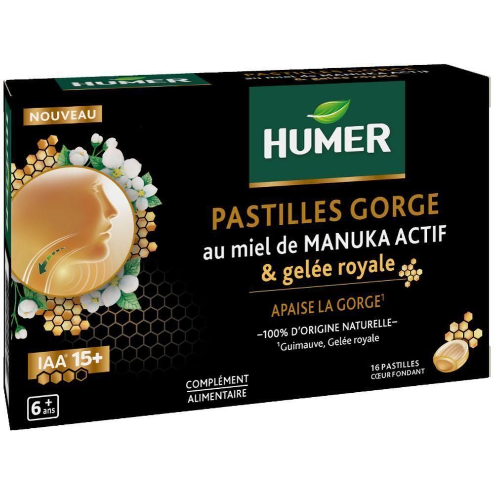 Pastilles pour la gorge HUMER au miel de Manuka actif et gelée royale, 16 pastilles.