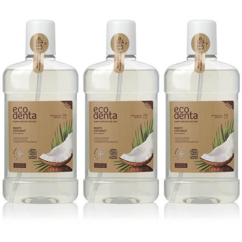 Drie flessen Ecodenta Mondwater Munt-Kokosnoot, helder, met etiket en kokosnootmotief.