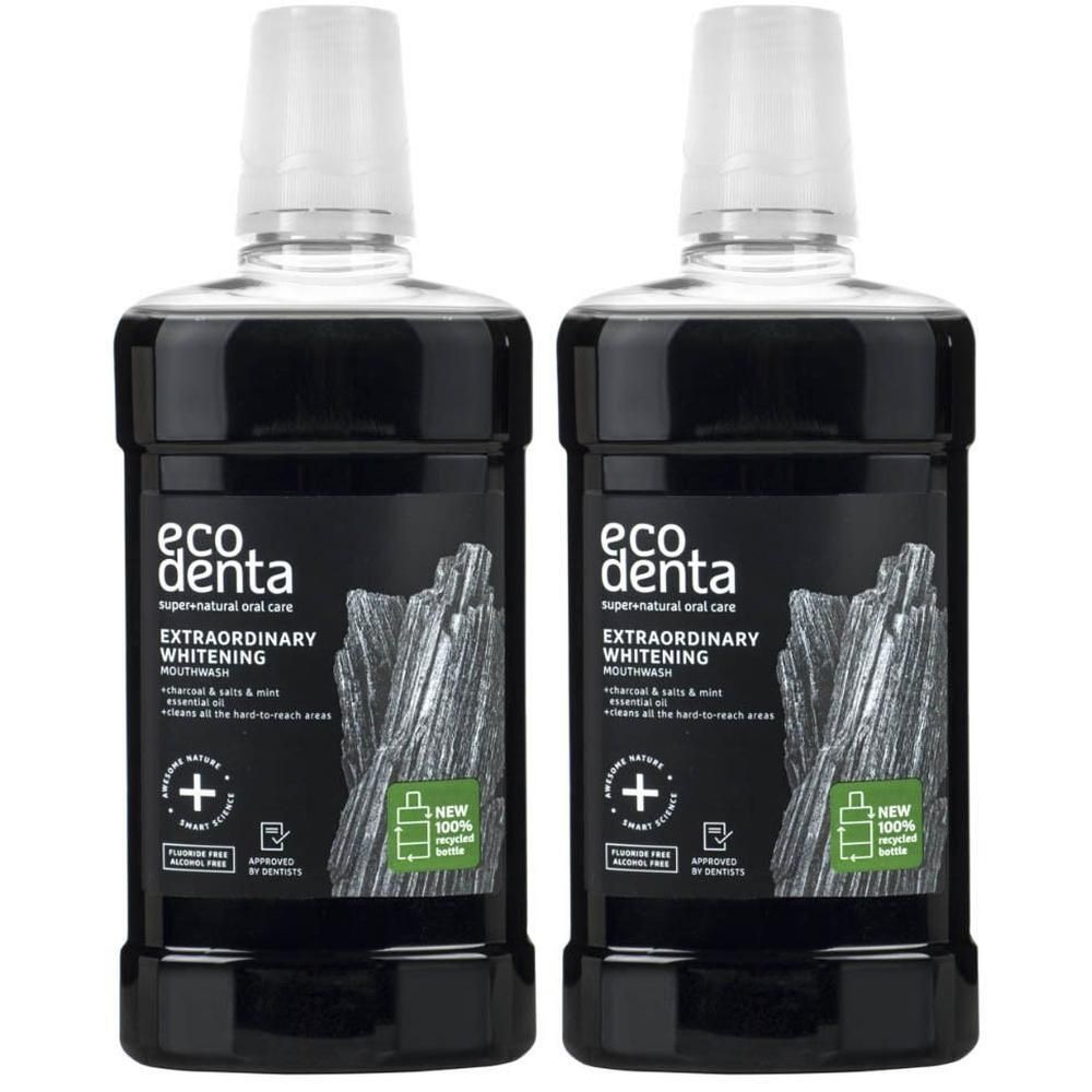 Twee flessen Ecodenta Extraordinary Whitening mondwater met houtskool.