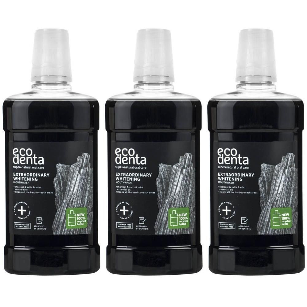 Drie flessen Ecodenta Extraordinary Whitening mondwater met houtskool-design.