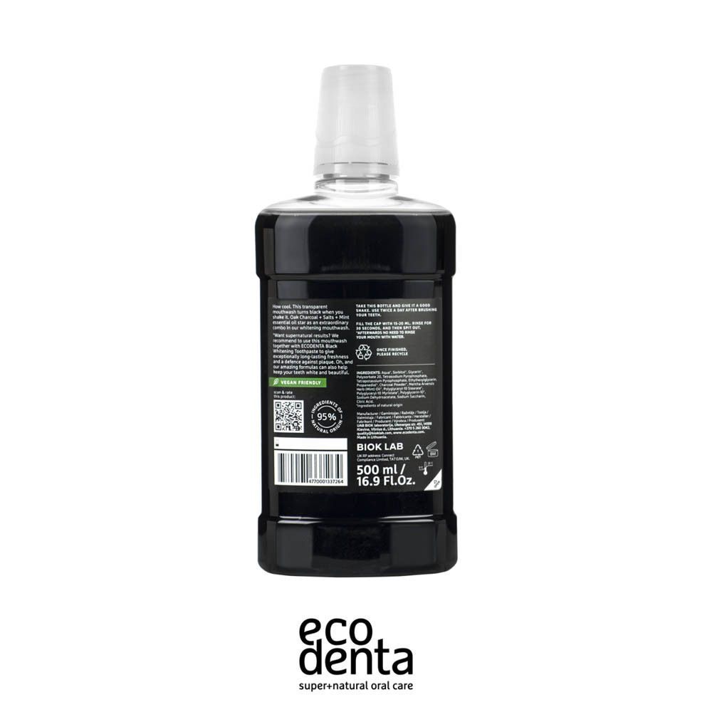 Achterkant van een fles Ecodenta Extraordinary Whitening mondwater met informatie.