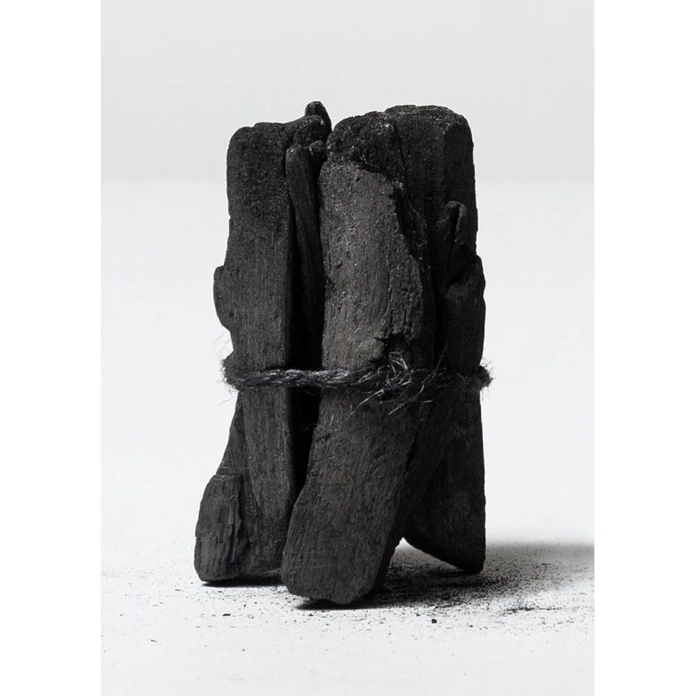 Un paquet de charbon de bois, lié par une corde, sur fond blanc.