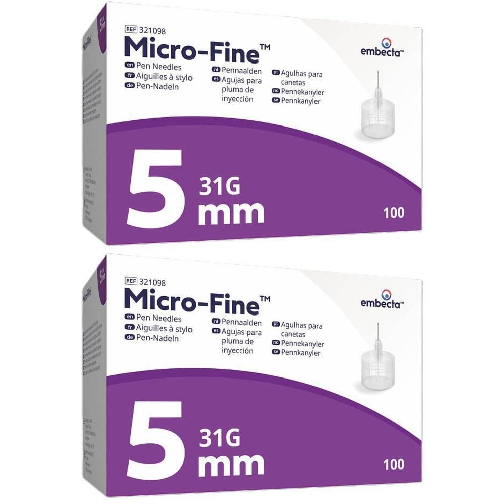 Twee pakken Embecta Micro-Fine pennaalden, 5 mm, 31G, 100 stuks.