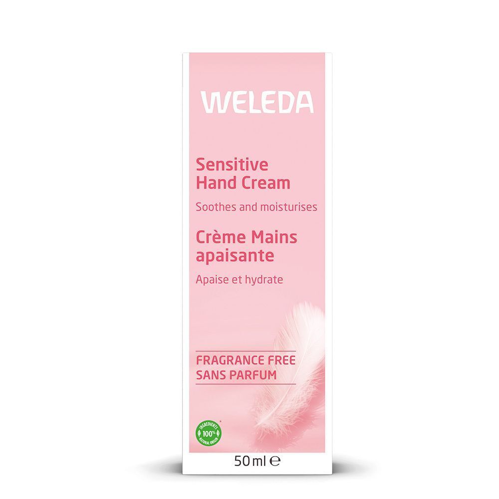 Verpakking Weleda Verzachtende Handcrème, roze ontwerp met veren, 50ml.