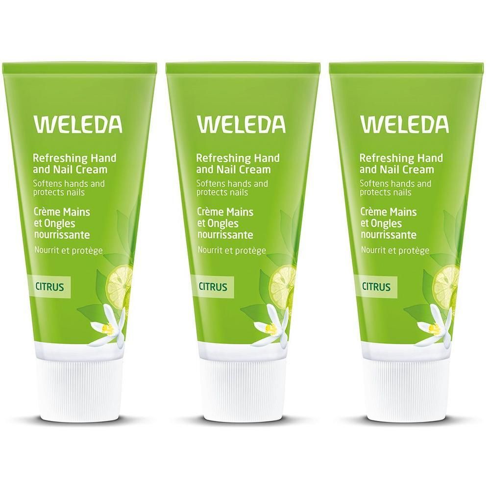 Drie tubes Weleda Hand- en Nagelcrème Citrus.