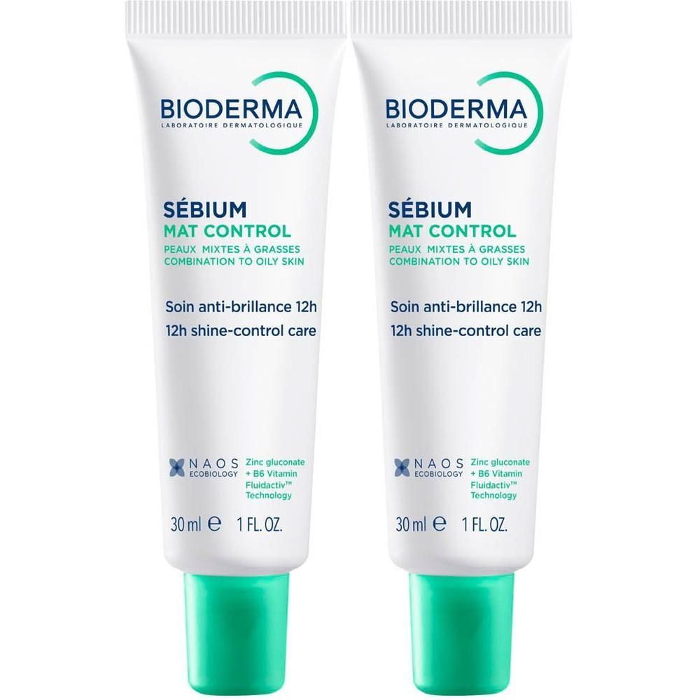 Deux tubes de Bioderma Sébium Mat Control, 30 ml chacun, avec bouchon vert.