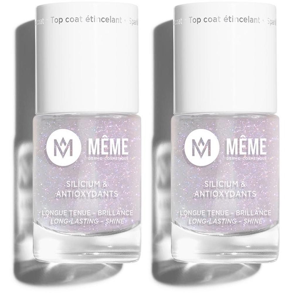 Deux flacons de MEME Top Coat Étincelant avec particules scintillantes. Contient du Silicium & Antioxydants.
