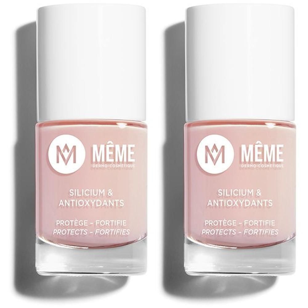 Deux flacons de vernis à ongles rose avec bouchon blanc. Marque MÊME.