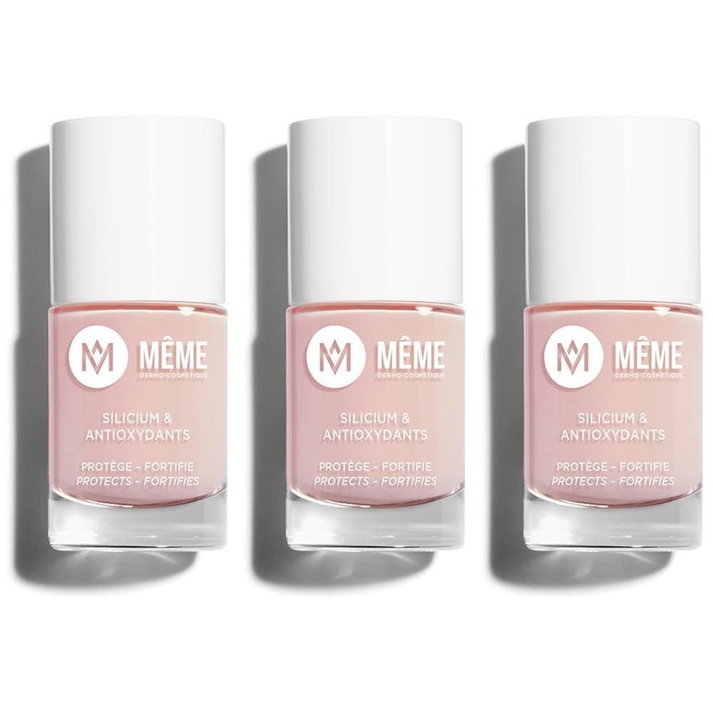 Trois flacons de vernis à ongles rose avec bouchon blanc. Marque MÊME.