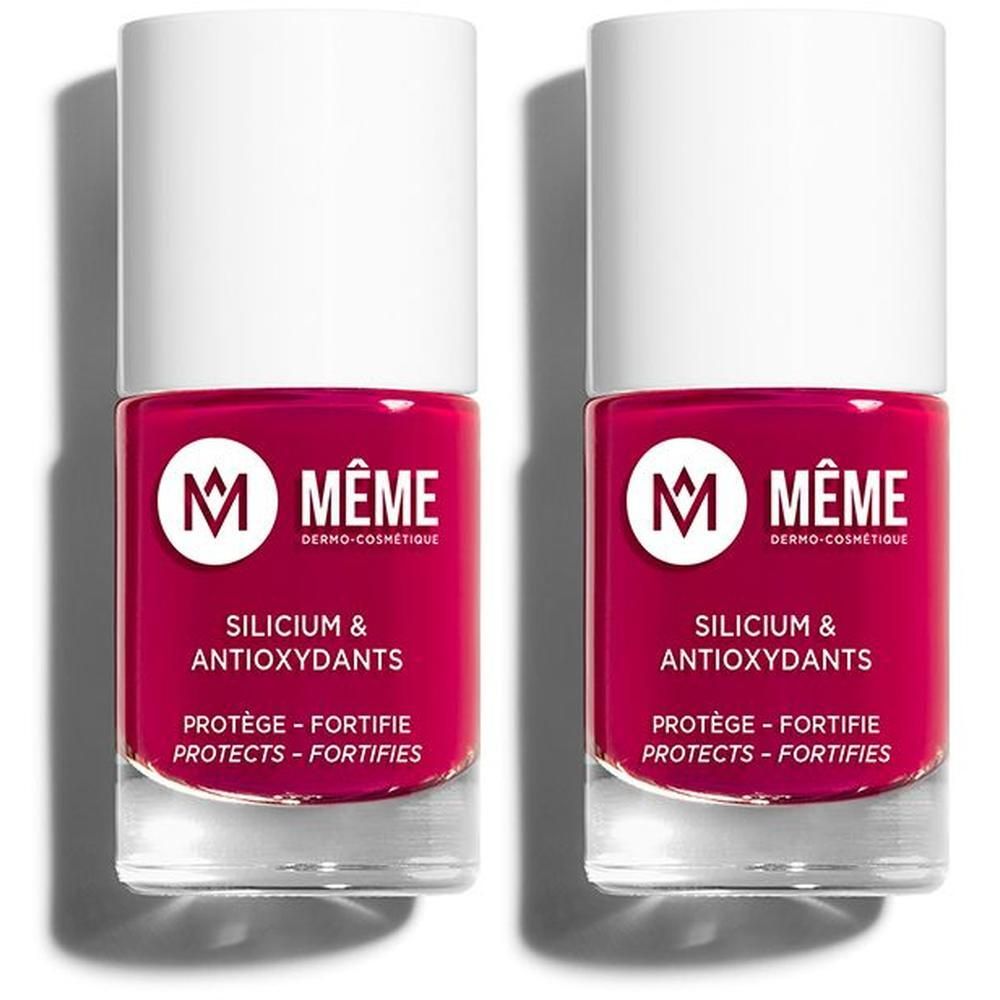 Twee flesjes framboosrode nagellak met witte dop. Bevat silicium en antioxidanten.