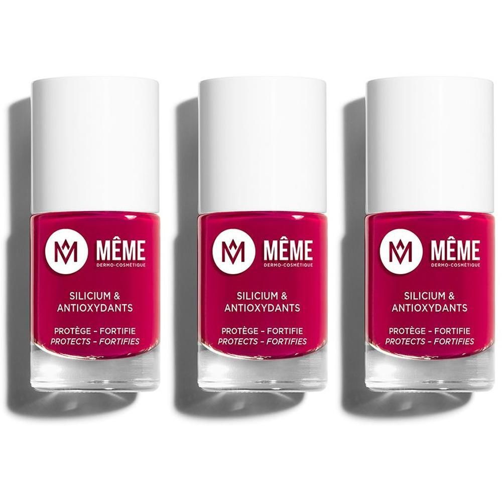 Trois flacons de vernis à ongles couleur framboise avec bouchon blanc. L'étiquette indique le logo 'M MÊME' et 'SILICIUM & ANTIOXYDANTS'.