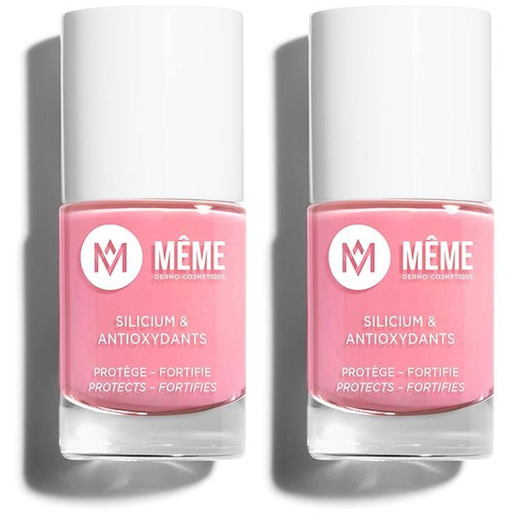 Twee flesjes roze nagellak met witte dop. Bevat silicium en antioxidanten.