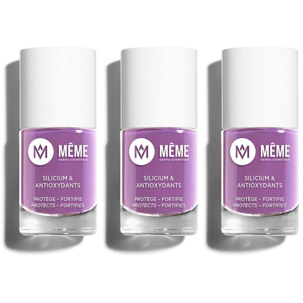 Drie flesjes paarse nagellak met witte dop. Merk MÊME.