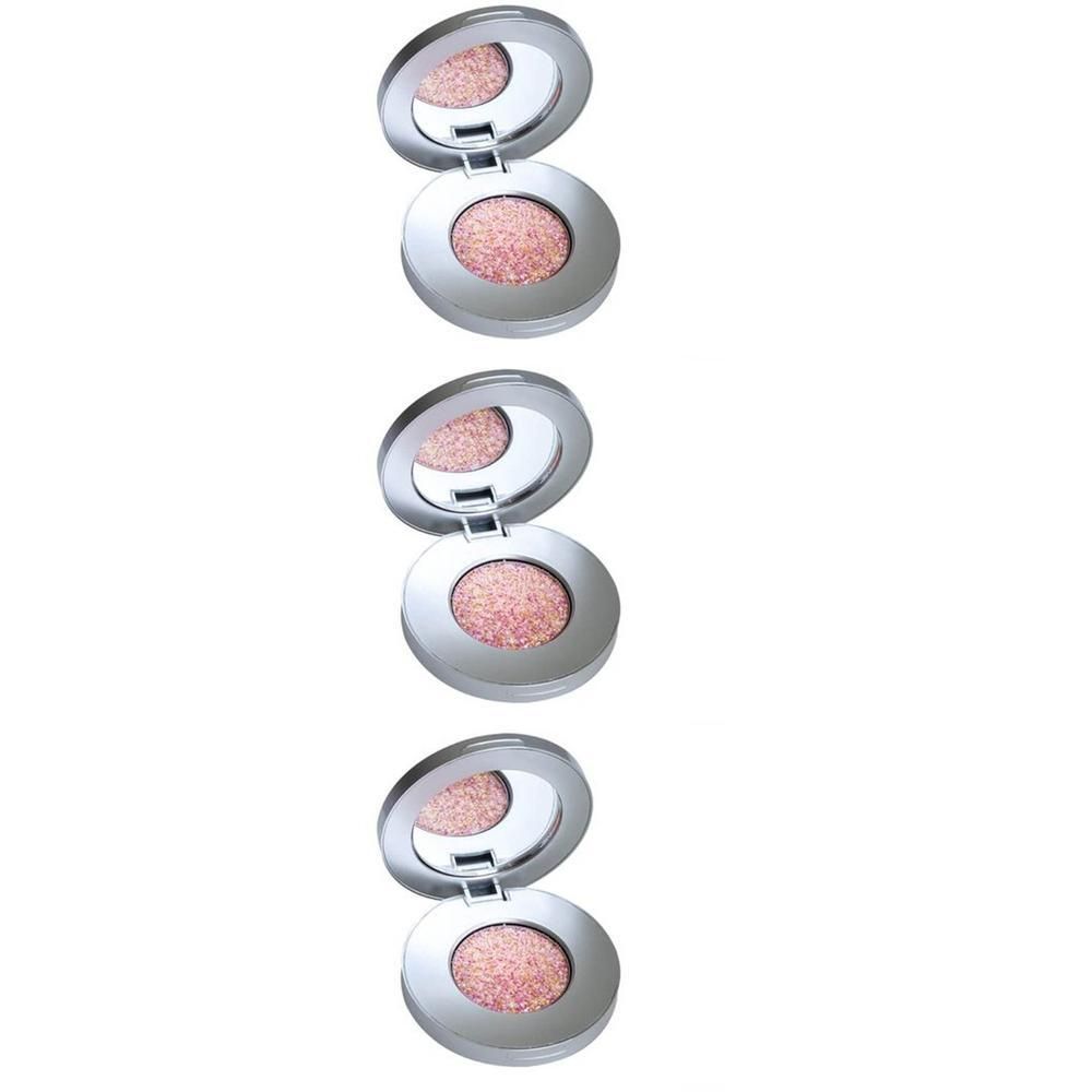 Trois boîtiers ouverts de fard à paupières avec fard scintillant rose et miroirs.