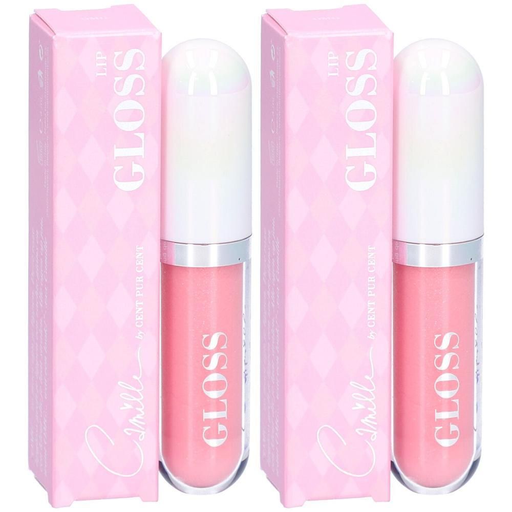 Deux applicateurs de gloss à lèvres roses avec des anneaux argentés et des capuchons blancs, à côté de boîtes roses.