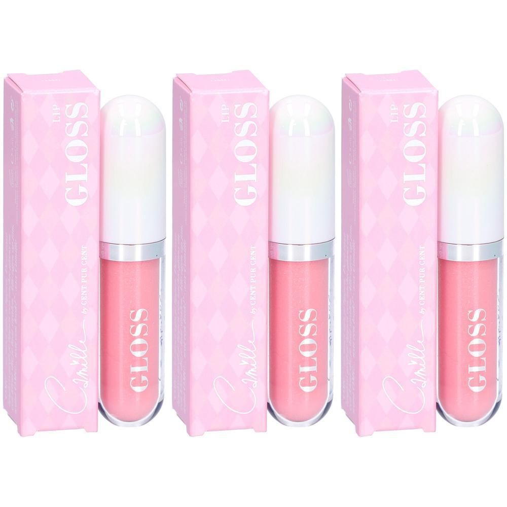 Trois flacons de gloss rose avec bouchons blancs et boîtes roses.