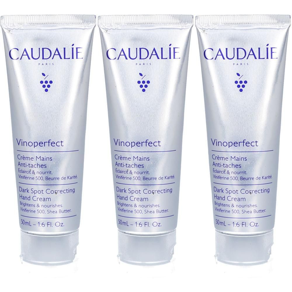 Drie tubes Caudalie Vinoperfect Handcrème Anti-Vlekken, elk 50ml.