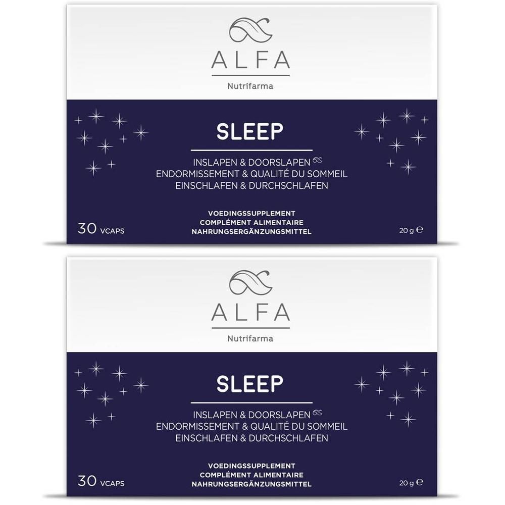 Twee verpakkingen Nutrifarma Alfa Sleep, 30 capsules per verpakking. Voedingssupplement.