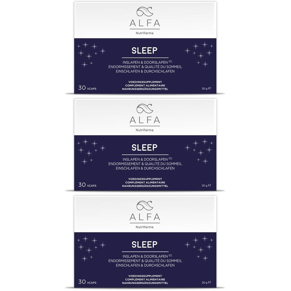Drie verpakkingen Alfa Sleep voedingssupplementen, elk 30 capsules.