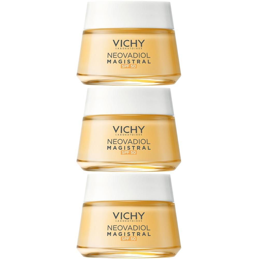 Drie potjes Vichy Neovadiol Magistral Dagcrème SPF50.