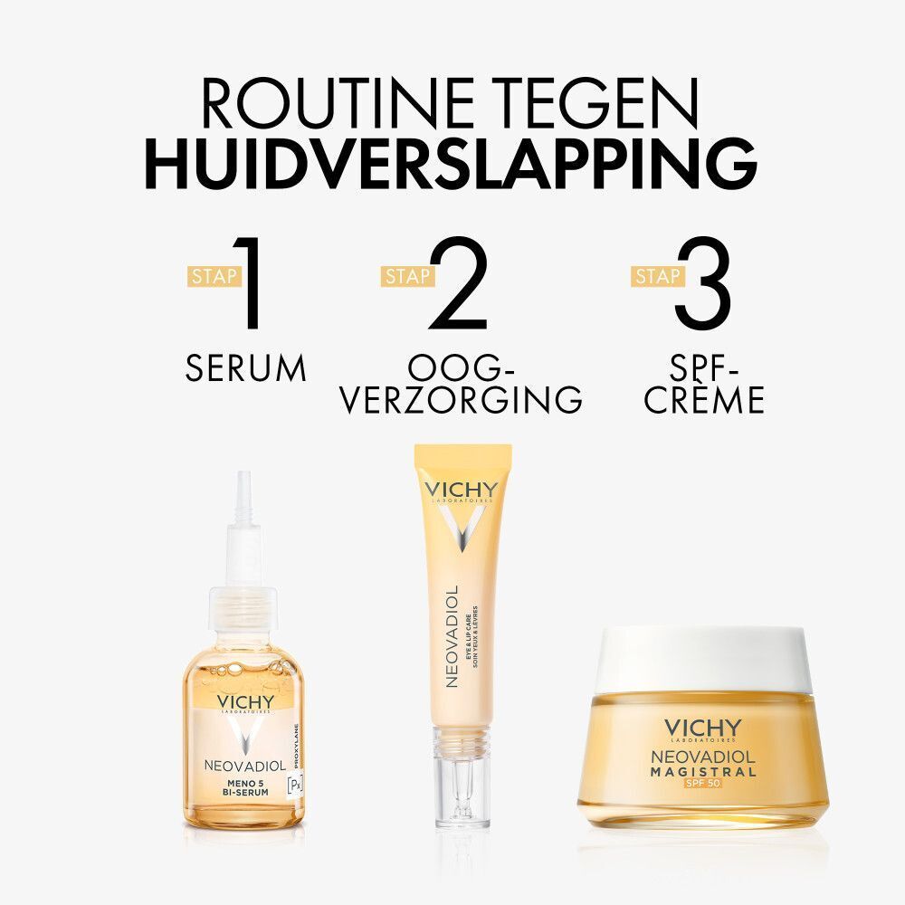 Vichy Neovadiol anti-aging routine: Serum, Oogverzorging, Dagcrème SPF50.