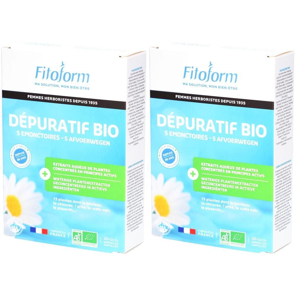 Deux boîtes de Fitoform Dépuratif Bio avec fleurs de camomille et label Bio.