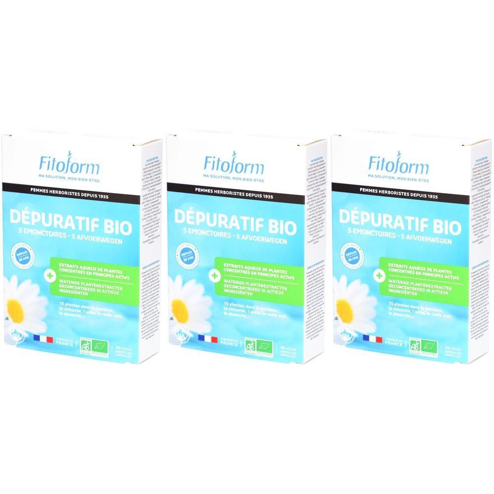 Trois boîtes de Fitoform Dépuratif Bio avec motif marguerite et label bio.