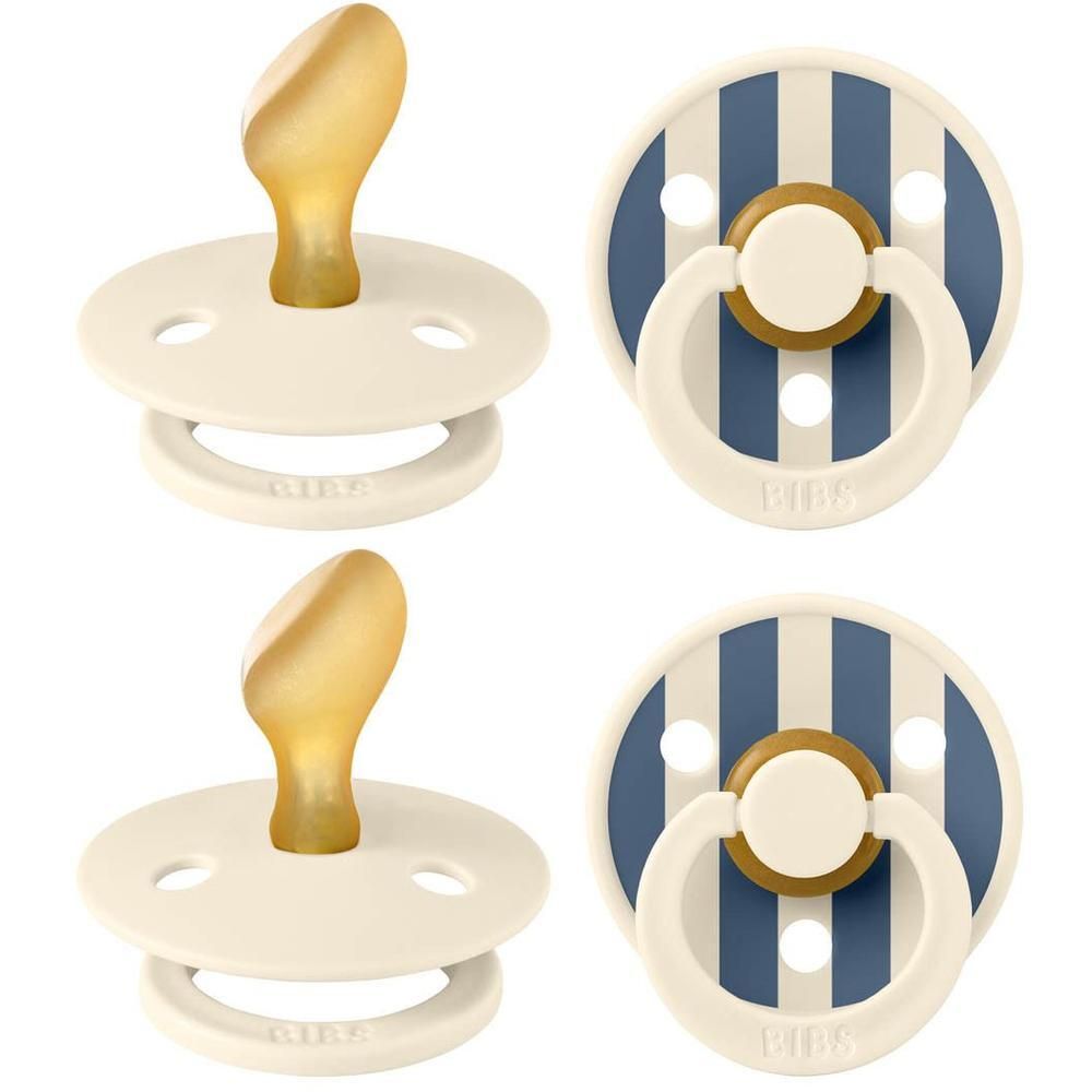 Twee BIBS spenen: één crème, één met blauw-witte strepen. Anatomische speen.
