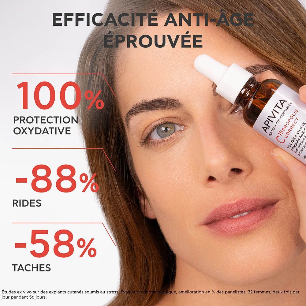 Une femme tenant un flacon de Sérum Apivita C15 Propolis Correct. Texte affichant des résultats cliniques : 100% protection, -88% rides, -58% taches.