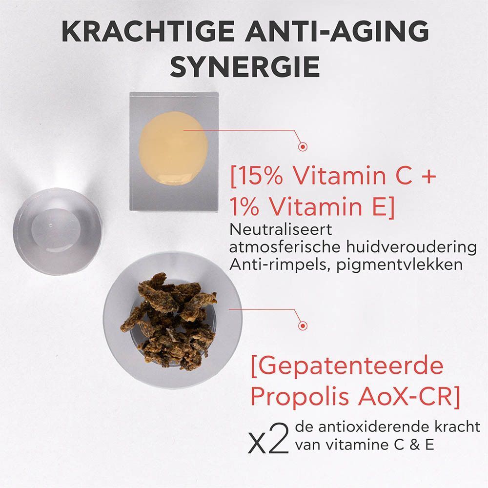 Microscopische beelden van huidcellen onder oxidatieve stress, met en zonder Apivita C15 Propolis Correct Serum. "Wetenschap".