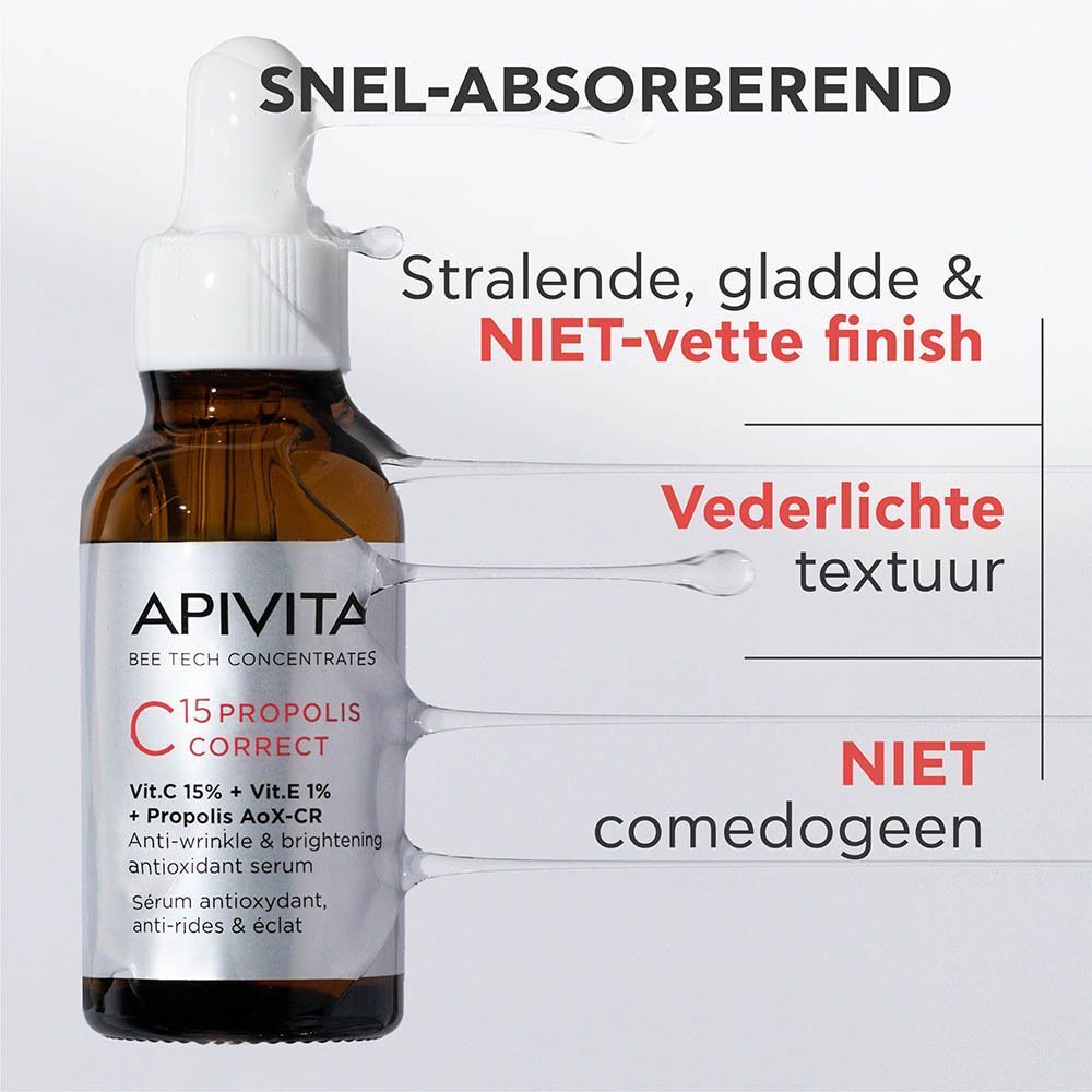 Fles Apivita C15 Propolis Correct Serum met pipet. Druppels serum zweven. Tekst: "Snel-absorberend".