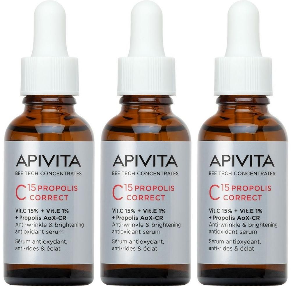 Trois flacons de Sérum Apivita C15 Propolis Correct avec pipettes.