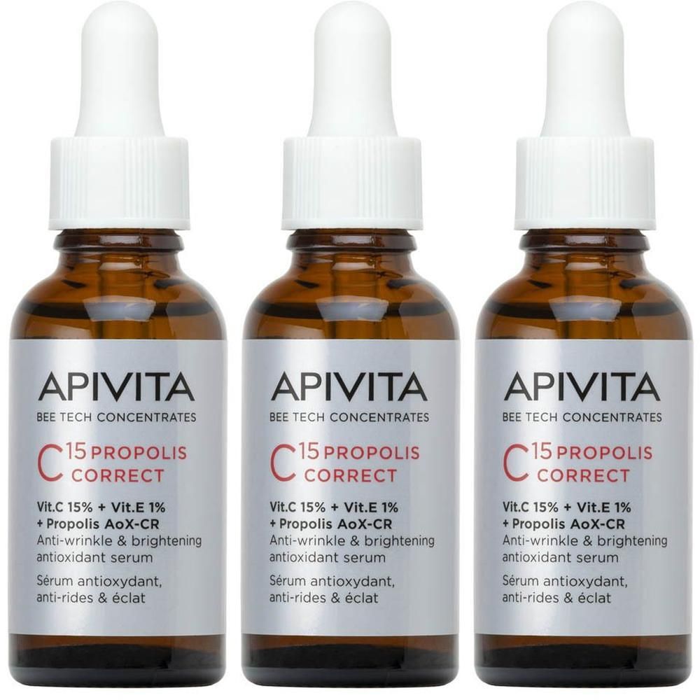 Drie flacons Apivita C15 Propolis Correct Serum met pipetten.