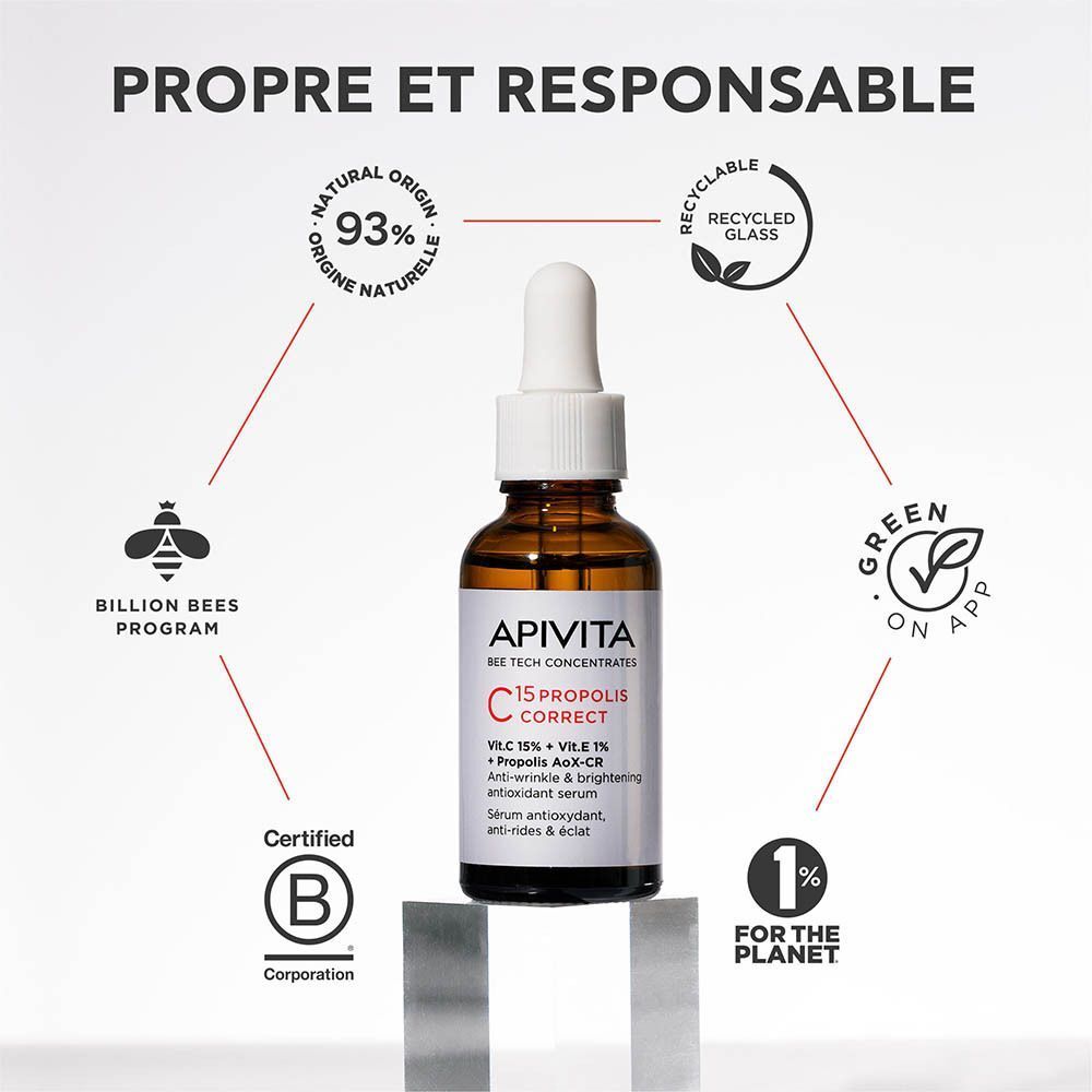 Sérum Apivita C15 Propolis Correct : Naturel, recyclable, 93% origine naturelle, Billion Bees Program.