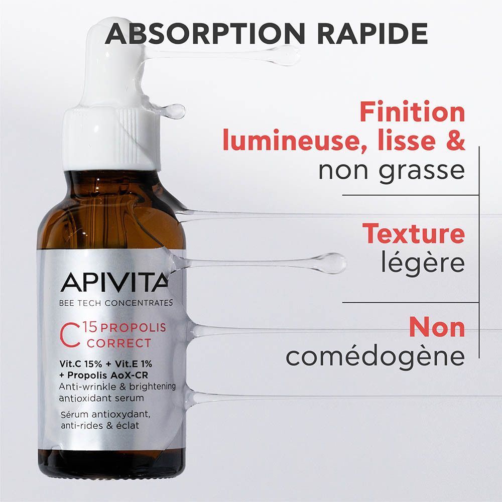 Sérum Apivita C15 Propolis Correct : Absorption rapide, fini lumineux, lisse et non gras.