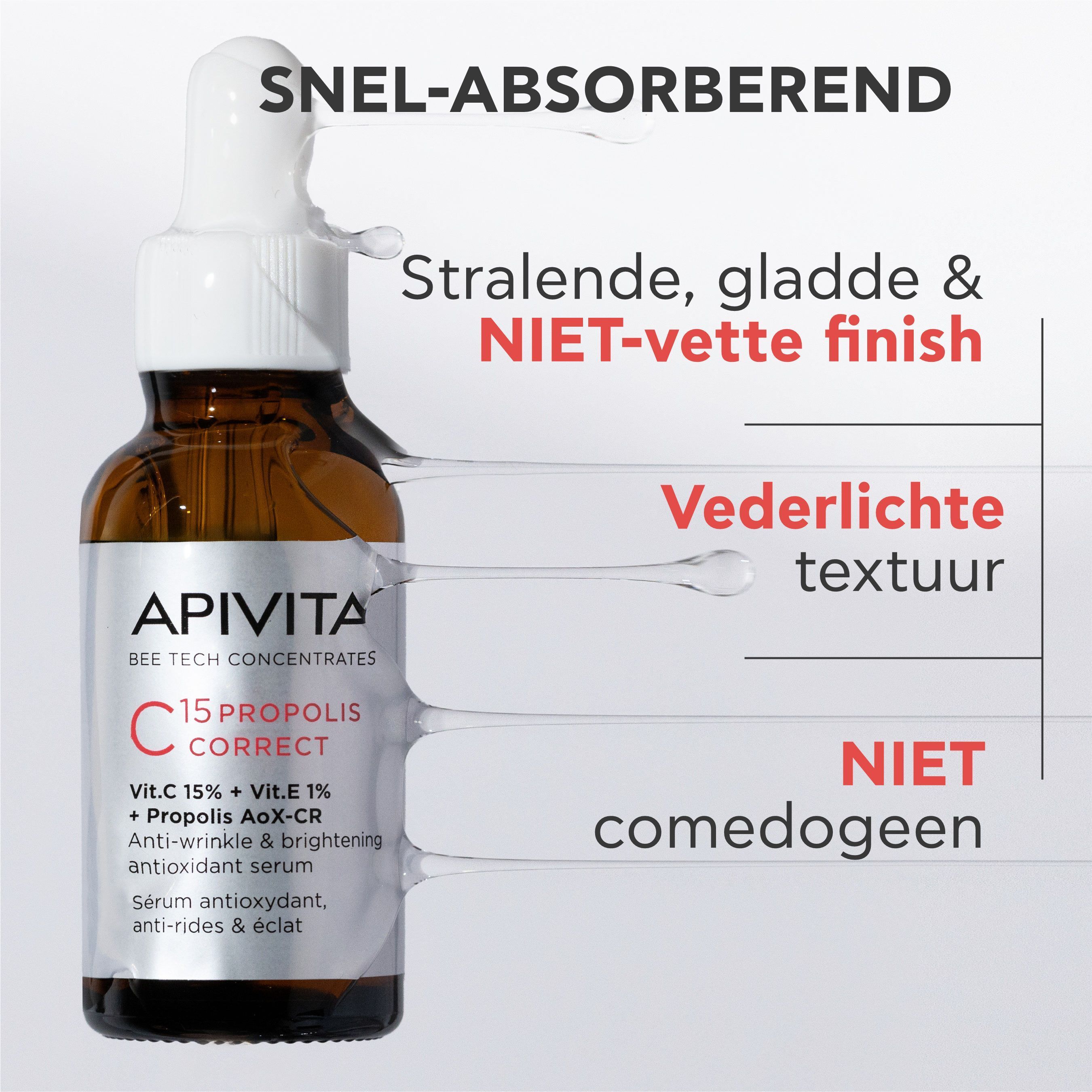 Apivita C15 Propolis Correct Serum: Lichte textuur, niet comedogeen.