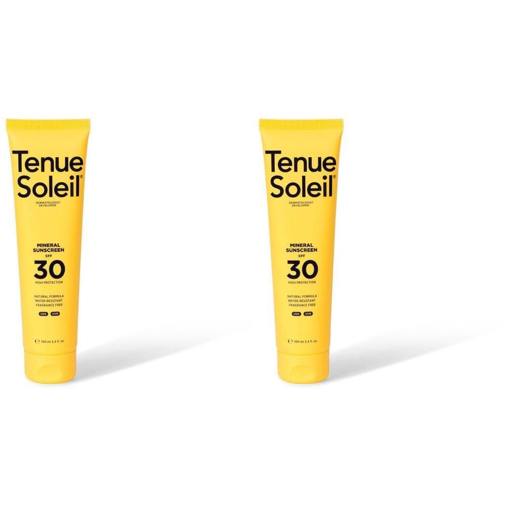 Deux tubes jaunes de crème solaire minérale Tenue Soleil SPF 30.