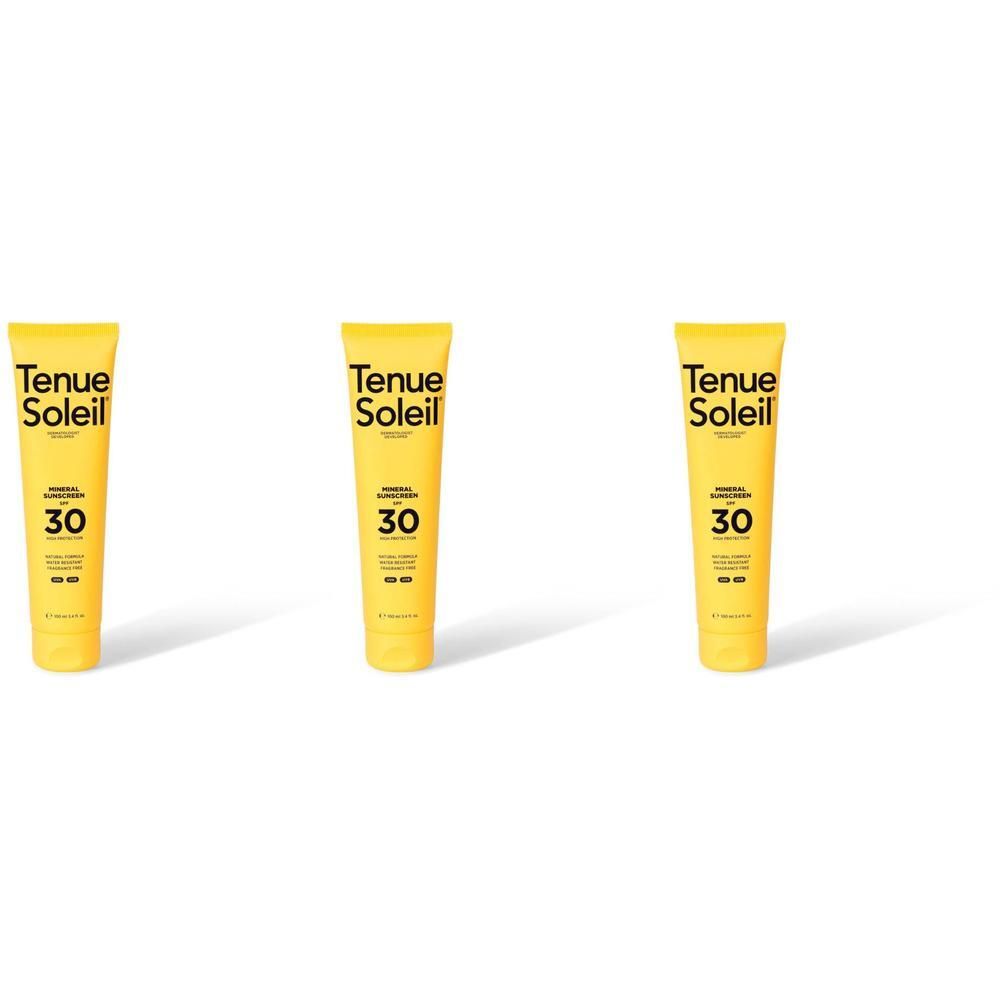 Drie gele tubes Tenue Soleil Mineraal Zonnecrème SPF30.