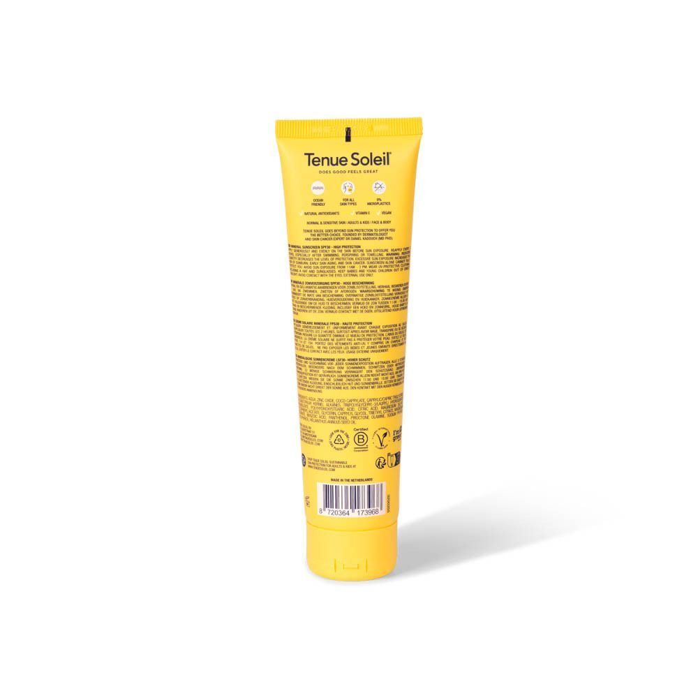Achterkant van een gele tube Tenue Soleil Mineraal Zonnecrème SPF30 met productinformatie.