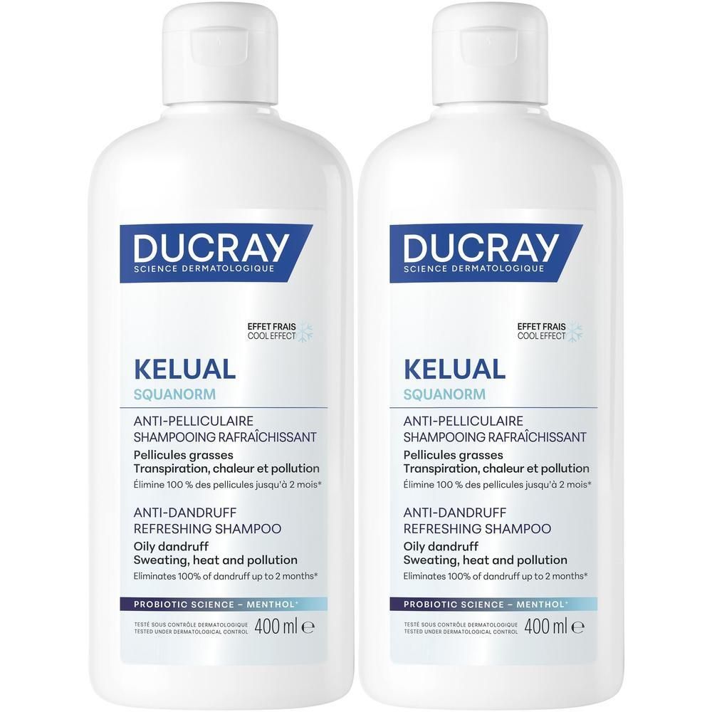 Twee flacons Ducray Kelual Squanorm verfrissende anti-roos shampoo, elk 400 ml.